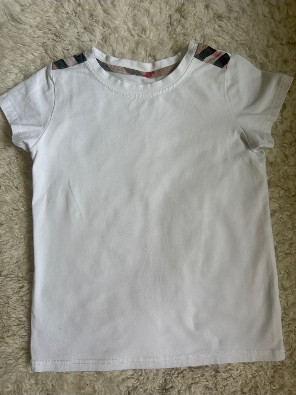 Worn Once - Kids White Cotto Short Sleeve Tee with Plaid Shoulder Trim 6 Yrs